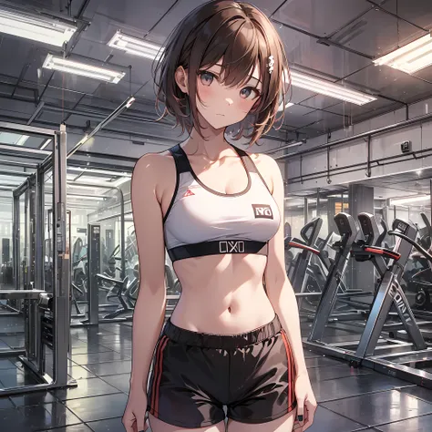 A masterpice, 4K, best quality, Misaka_mikoto　ribbon from, Sports Bra, Latex Shorts, are standing, arms folded,、cool expression　Beautiful gym, brown-eyed, Short_hair, Small_Breast, looking at the viewers