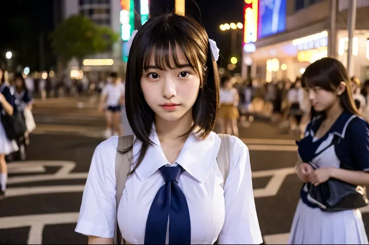 (Uniform without sleeves:1.3) high school girl　White cotton shirt　Big Breasts　Very detailed　super high quality　super high quality　Surreal　photograph　3 Japanese girls　(Each girl has a different hairstyle randomly、different face:1.3) 　Fair skin　16 years old　...