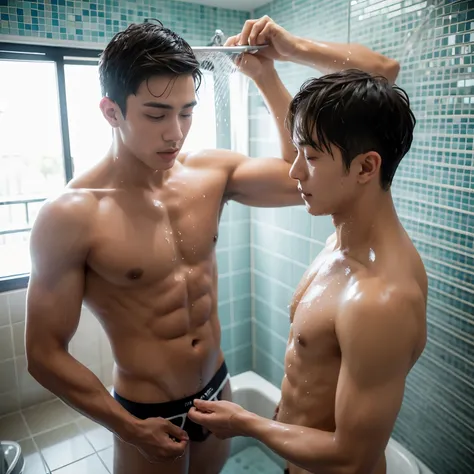 Two boys take a shower together，Bathhouse，Raised sexy