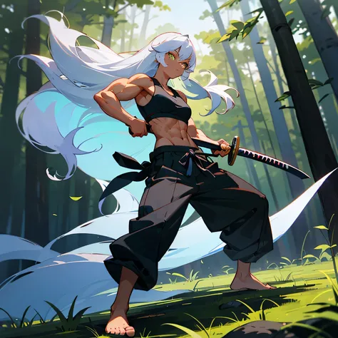 Dark-skinned woman, long white hair, vibrant emerald eyes, wearing a black sports bra, black baggy martial arts pants. Anime artstyle. In a forest at night. Holding a silver katana. Bare feet. best quality, perfect muscular body, looking at viewer, kendo s...