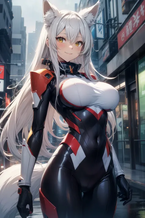 anime girl, fox girl, long platinum hair, beautiful yellow eyes, Mecha suit figure, nice background of rainy city, 8K, High resolution,sexy pose,big smile, large breasts, (fox girl:1.3), fox ears, fox tail,red mecha suit