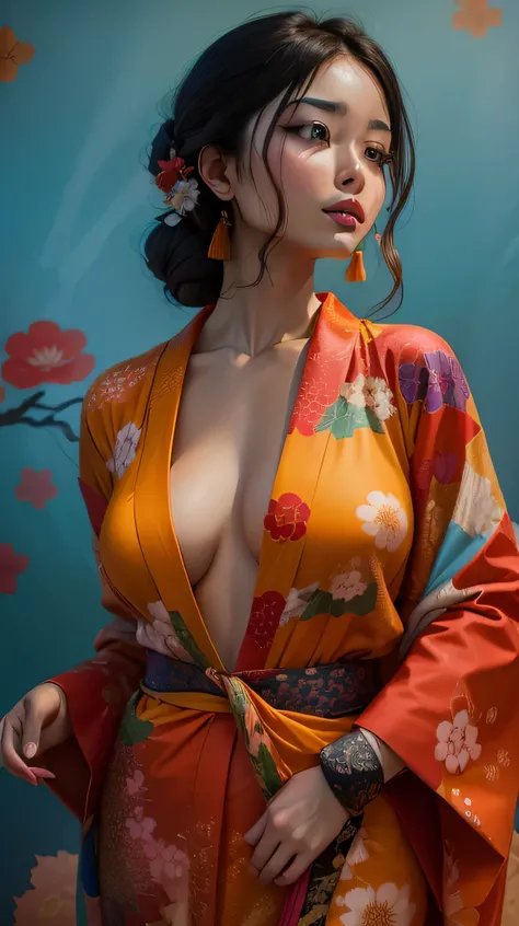 Arafed Asian woman in a kimono robe posing for a photo. Her very large bust leaves the kimono open to the waist, barely covering her breasts., vistiendo kimono, kimono, japanese kimono, vestido con seda colorida, in kimono, in a kimono, usando un kimono, K...