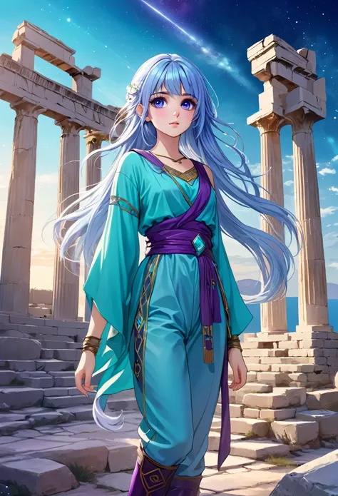 Masterpiece. High-resolution. 1girl about 20 years old. Pretty beautiful girl. Pretty big purple eyes. Delicate face. Beautiful face. (((Long light blue hair))). Straight hair. Messy hair. Hair bangs. Turquoise tunic. Purple tide pants. Leather boots. Gree...