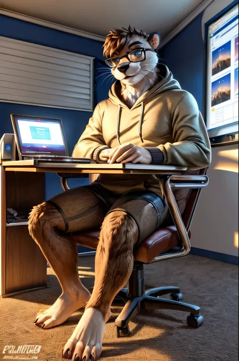 (((Barefoot furry character, full body, cinematic setting, furry male, plantigrade))) 

computer class scene with a tech-savvy otter ((teacher)) wearing a hoodie and glasses, sitting at a computer desk surrounded by monitors and circuit boards. This otter ...