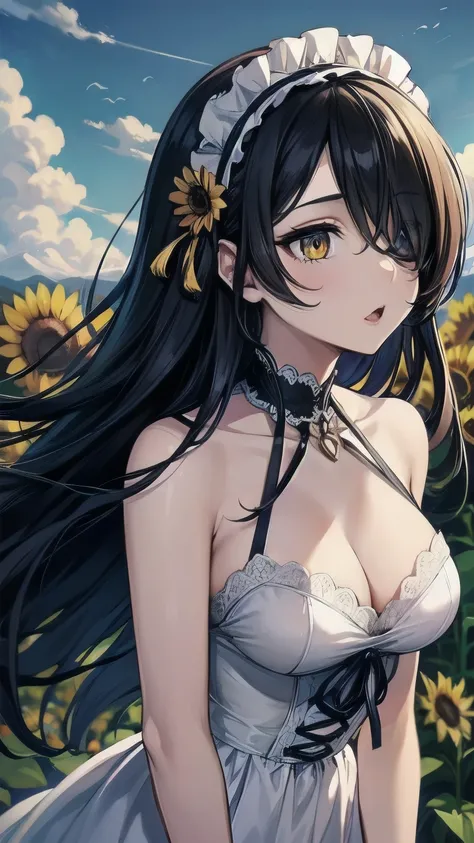 (masterpiece), best quality, expressive eyes, perfect face, lolita fashion, gothic lolita, mature female, medium breasts, Cleavage, long hair, (hair over one eye), very long hair, straight hair, black hair BREAK yellow eye BREAK white sundress BREAK standi...