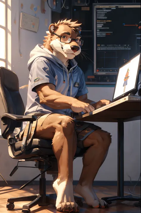 (((Barefoot furry character, full body, cinematic setting, furry male, plantigrade))) 

computer class scene with a tech-savvy otter ((teacher)) wearing a hoodie and glasses, sitting at a computer desk surrounded by monitors and circuit boards. This otter ...