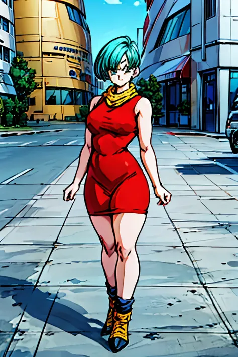 (( minifalda roja)), culo grande, culo redondo, musculos marcados, fitnes, Impresionante mujer sexy muy realista, Piel imperfecta, cintura muy angosta (( vestido rojo)), (( botas amarillas)) , Mejor calidad, full body visto desde abajo ((cabello azul corto...