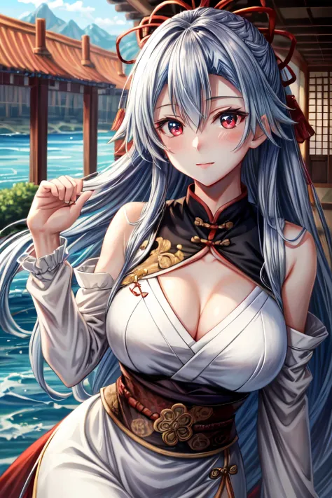 (Masterpiece), (top quality), Tomoe Gozen, red eyes, white chinese dress, sexy pose, detailed river in the background, precise hands, bright eyes