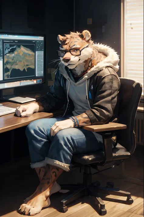 (((Barefoot furry character, full body, cinematic setting, furry male, plantigrade))) 

computer class scene with a tech-savvy otter ((teacher)) wearing a hoodie and glasses, sitting at a computer desk surrounded by monitors and circuit boards. This otter ...