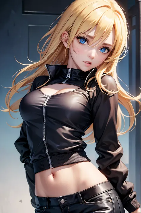 (masterpiece, best quality:1.2), expressive eyes, perfect face, highres, 1girl, solo, (female:1.5), NarukoUzumaki, blue eyes, blonde hair, long hair, facial mark, whisker markings, short hair, long sleeves, jacket, opened jacket, (naruto outfit), midriff, ...