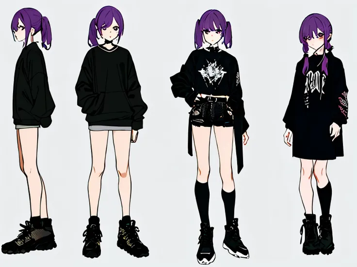 a drawing of a young girl with intense lilac hair and black clothes, fullbody photo:1.5, single character full body, full body c...