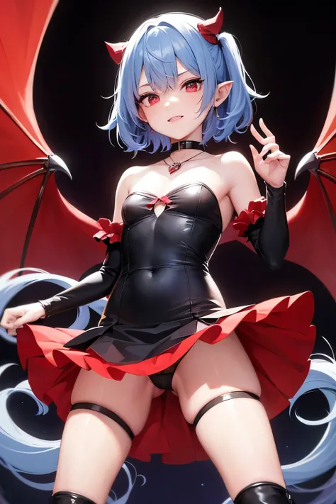 Remilia Scarlet, obscene pose, blue hair, obscene costume, Red eyes, wings, , evil smile, cinematic light, Black background, necklace, Domination, white stockings, gasped, Opening the leg, holding a skirt in his hands, You can see the underpants, choker on...