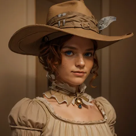 the most beautiful woman, face of a young Swedish woman, dark skin with freckles, natural red hair, well-combed hair in curls, blue eyes, wears a beige 19th century formal dress, a fabric necklace, a hunting hat with a pen and quotation marks, it is in a 1...