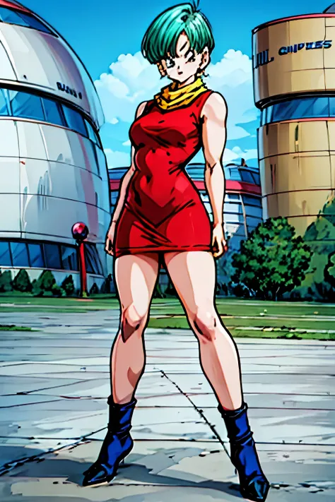 (( minifalda roja)), culo grande, culo redondo, musculos marcados, fitnes, Impresionante mujer sexy muy realista, Piel imperfecta, cintura muy angosta (( vestido rojo)), (( botas amarillas)) , Mejor calidad, full body visto desde abajo ((cabello azul corto...