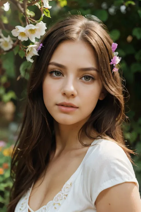 (best quality,ultra-detailed,photorealistic),young woman,beautiful eyes,detailed lips,pensive expression,soft lighting,vibrant colors,smooth skin,long flowing hair,stylish outfit,garden background,colorful flowers,natural sunlight,serene atmosphere clack h...