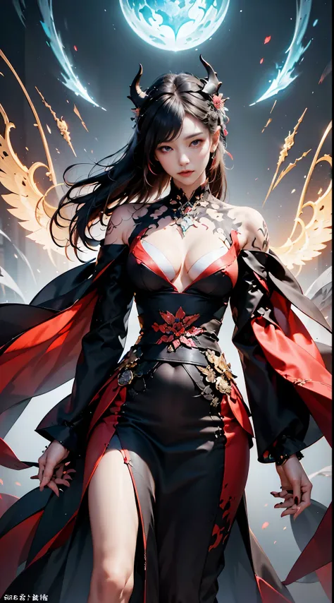 Enako：Satan of Tron in Hell, Realistic detailed eyes, Diabolical, Black and red highly detailed kimono, Demon Wings, oni horns, Context of the chaos of hell and destruction, Evil Queen, looking straight at camera, With a contemptuous sexy seductive smile o...