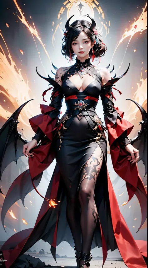 Enako：Satan of Tron in Hell, Realistic detailed eyes, Diabolical, Black and red highly detailed kimono, Demon Wings, oni horns, Context of the chaos of hell and destruction, Evil Queen, looking straight at camera, With a contemptuous sexy seductive smile o...