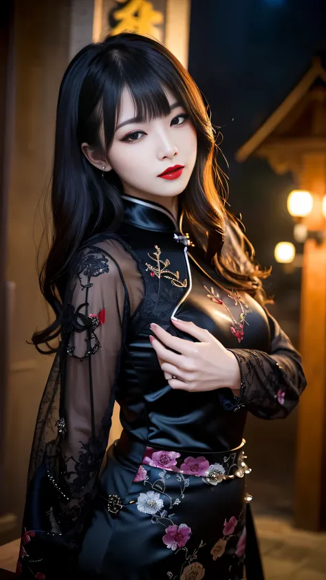 tra-detailed、Japanese、Attractive beauty、seductive adult woman、Pretty Woman、piercing eyes、cool girl、wavy hair、swept bangs、Long Black Cheongsam、Wide sleeves、Evil cadres、Fallen into evil、brainwash、mind control、lipstick、Lip gloss、dark makeup、smirk、Whisper in m...