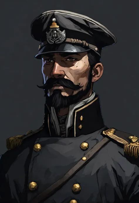 (((darkest dungeon style))), portrait, lone man, short black hair, short black beard, long black mustache, dark eyes, pale gray military uniform 19th century, (dark lighting), many shadows, cold lights, highly detailed, extremely detailed, masterpiece