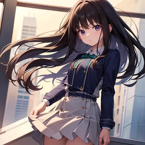 Takiinoue, Takina Inoue, The long-haired, bangss, A dark-haired, (Purple Eye:1.2), BREAK  shirt, long-sleeve, Onepiece, bow ribbon, student clothes, White shirt, shirt with collar, a belt, Neck ribbon, Blue Dress, Green Ribbon, pleated dress, Gradeless, tw...