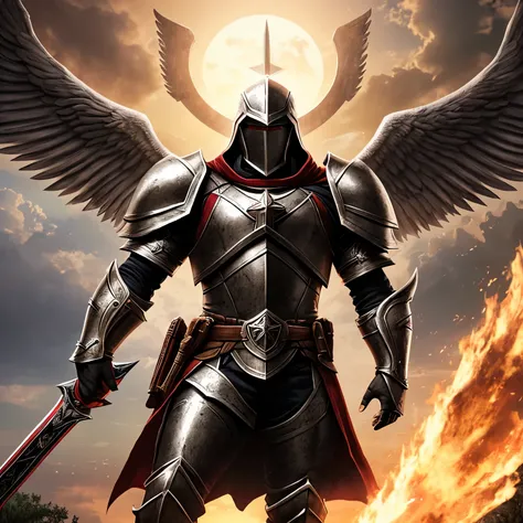 Anjo homem, legendary, with epic templar-style armor, Coming from the red sky