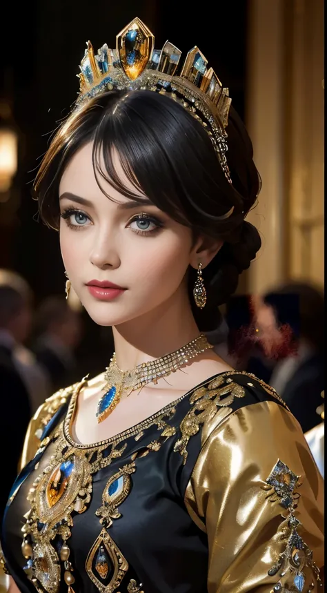 masterpiece，better image quality，Beautiful bust of a royal woman，Delicate black hairstyle，Amber eyes are clear，Decorated with dazzling intricate embellishments.，Super Detail，upscale。