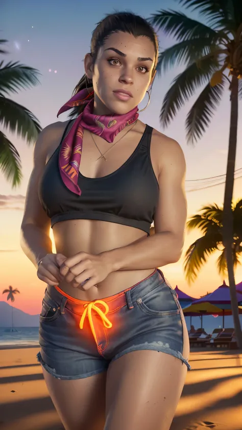 octane render,gtluc ,a woman, neon lights,night,dark,(black tank shirt:1), ponytail, red bandana, denim shorts, (looking at viewer),miami,trees,palms,beach,8k uhd, dslr, high quality,  (ultra realistic,32k, masterpiece:1.1),(detailed skin), large breasts, ...