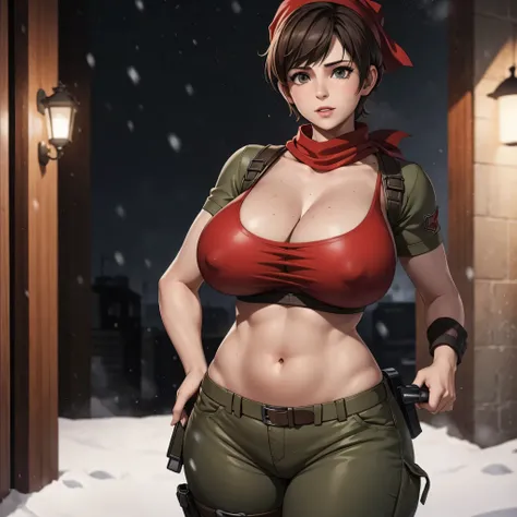 Rebecca chambers attractive huge breasts thick lips tight military outfit wearing red bandana on head in city night snowing holding medkit