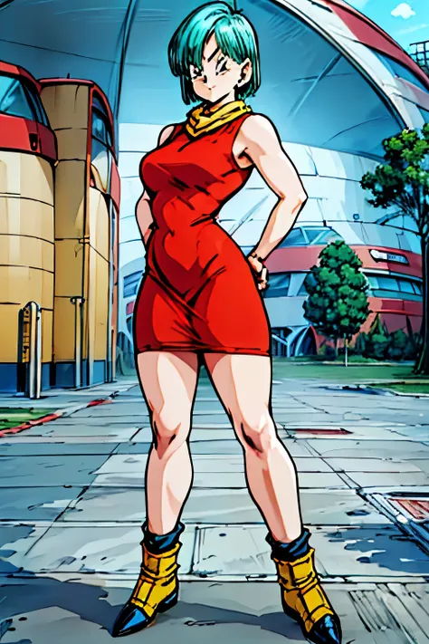 (( minifalda roja)), culo grande, culo redondo, musculos marcados, fitnes, Impresionante mujer sexy muy realista, Piel imperfecta, cintura muy angosta (( vestido rojo)), (( botas amarillas)) , Mejor calidad, full body visto desde abajo ((cabello azul corto...