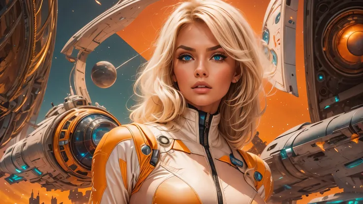 arafed image of a white woman in a futuristic suit with a spaceship in the background, movie art, in front of an orange background, inspired by Robert McGinnis, female protagonist, megastructure in the background, portrait of an ai astronaut, astronauts, a...