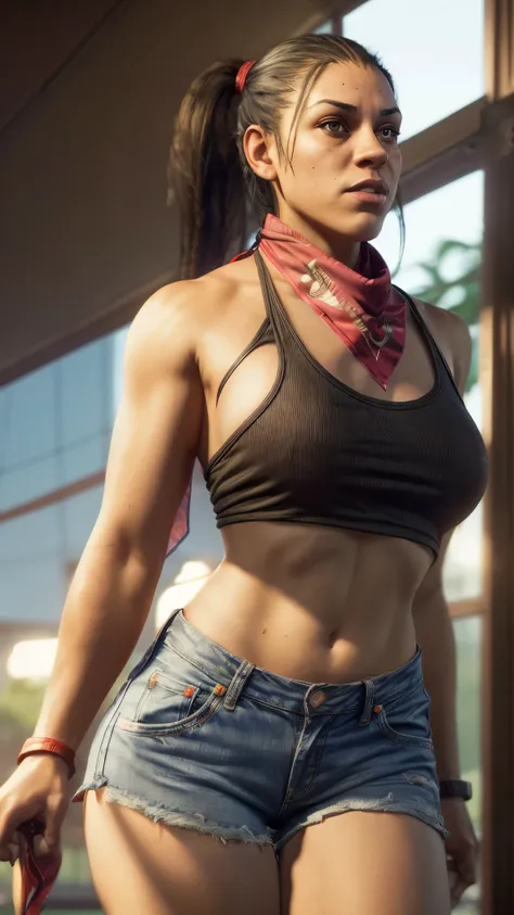 gtluc, a woman,ponytail,red bandana, black tank top,denim shorts,miami,masterpiece,8k,bokeh,volumetric lighting,rim lighting,soft lighting,cinematic,sharp, extreme dof, large breasts, thick thighs 