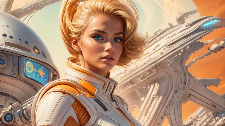 arafed image of a white woman in a futuristic suit with a spaceship in the background, movie art, in front of an orange background, inspired by Robert McGinnis, female protagonist, megastructure in the background, portrait of an ai astronaut, astronauts, a...