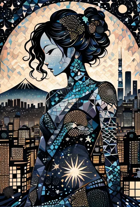 inky silhouette of a fragmented woman with dot-speckled skin, nestled in a mosaic of monochrome and metallix hues, sprouting zentangle limbs amidst an urban ukiyo-e skyline, under a star-tinged graffiti nebula that breathes uncanny life, tokyo mural, japan...