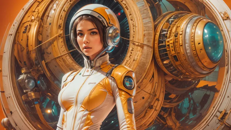 arafed image of a white woman in a futuristic suit with a spaceship in the background, movie art, in front of an orange background, inspired by Robert McGinnis, female protagonist, megastructure in the background, portrait of an ai astronaut, astronauts, a...