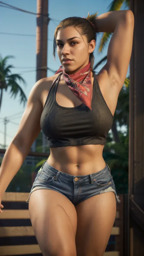 gtluc, a woman,ponytail,red bandana, black tank top,denim shorts,miami,masterpiece,8k,bokeh,volumetric lighting,rim lighting,soft lighting,cinematic,sharp, extreme dof, large breasts, thick thighs 