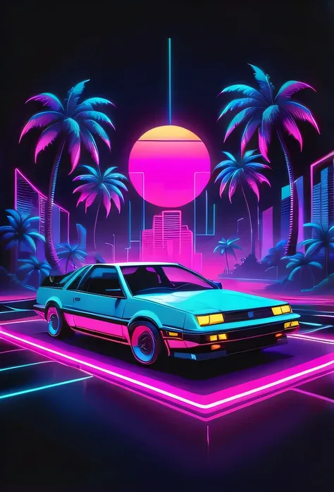 "a minimalist and high-contrast print design inspired by the Synthwave genre and the aesthetics of the 80s. Utilize vibrant neon colors against a dark background to evoke a retro-futuristic feel. Incorporate a car , iconic symbols such as palm trees or cas...