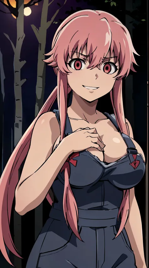 anime_still, masterpiece, best quality, 1girl, Gasai Yuno,pink hair, (large breasts:1.5), twintails, long hair, solo focus, mirai nikki, black choker, dark grey overalls, leather gloves, red eyes, chasing you through the woods, ((nigth:1.5)), crazy, ((craz...