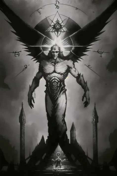 (best quality,realistic:1.37),necronomicon sketch:1.1,archangel holding a skull and a bible,seven-pointed stars,the great ultima...