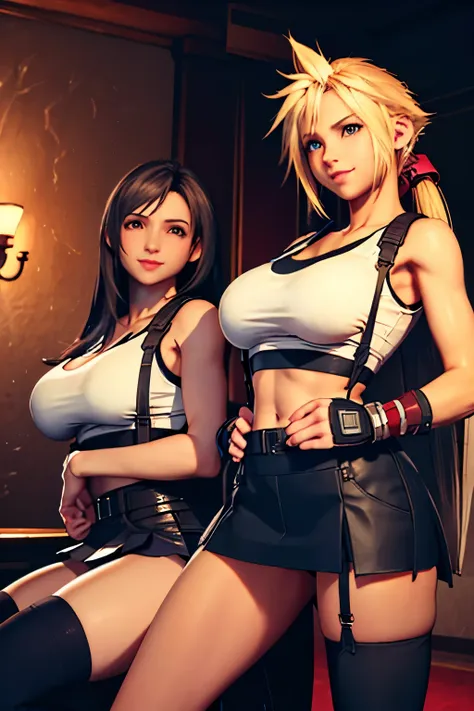 (masterpiece), (high quality), (realistic 1.5), (2 girls)  female cloud strife, tifa lockhart, big breasts, white sleeveless top...