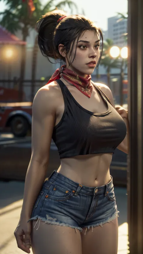 gtluc, a woman,ponytail,red bandana, black tank top,denim shorts,miami,masterpiece,8k,bokeh,volumetric lighting,rim lighting,soft lighting,cinematic,sharp, extreme dof, large breasts, thick thighs 