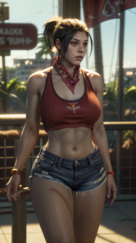 gtluc, a woman,ponytail,red bandana, black tank top,denim shorts,miami,masterpiece,8k,bokeh,volumetric lighting,rim lighting,soft lighting,cinematic,sharp, extreme dof, large breasts, thick thighs 