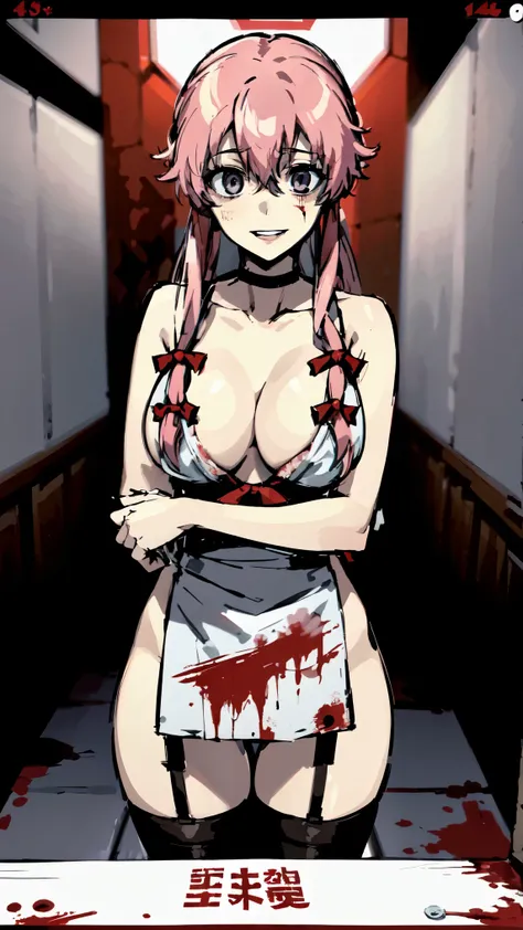 anime_still, masterpiece, best quality, sexy, 1girl, Gasai Yuno,(large breasts:1.5), nipples, solo, nude, as Gasai Yuno Sits in her kill room she stays blankly act a painting of her lover, she is wearing a black choker and black thigh highs and behind her ...