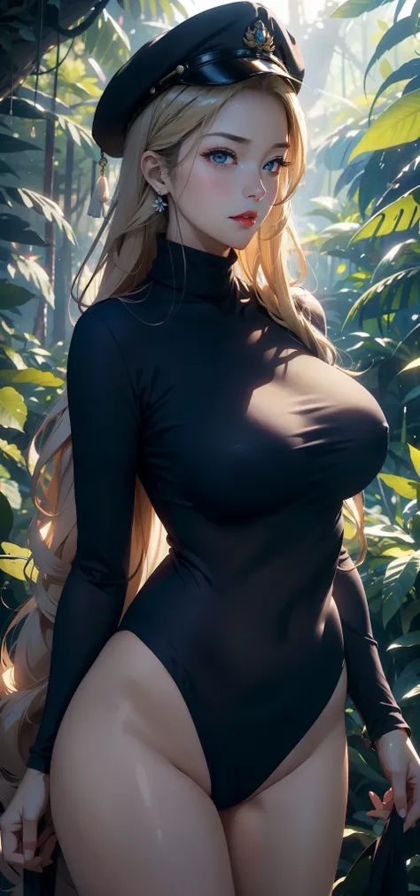 1 female，45 years old，Married woman，milf，Large Breasts，Long legs，Big breasts and thin waist， 照片曝Light， solitary，（background：In the woods，rainforest，In the summer） She has long blonde hair，Red lips，stand up，Front view， OK， The sky is cloudy，（（（masterpiece），...