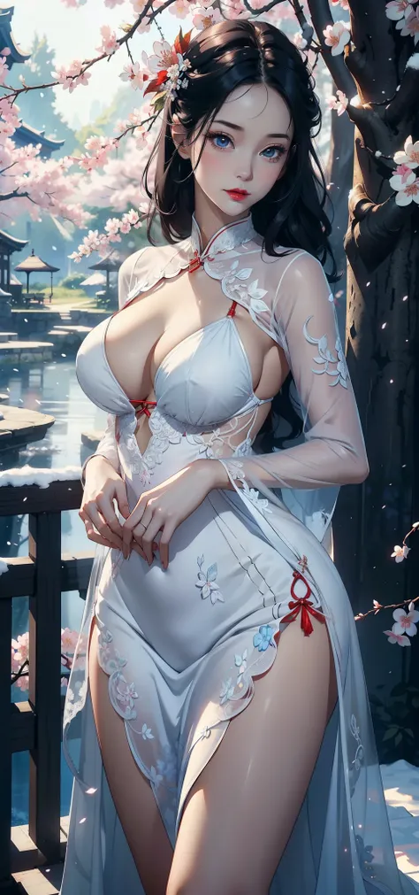 1 female，35 years old，Slim，Very large ，Big breasts and thin waist，Long legs， Solitary，（background：，Cherry blossom forest，Rainforest）Standing， She has short black hair，Front view， Cloudy sky，（（（masterpiece），（Very detailed CG unified 8K wallpaper），best quali...