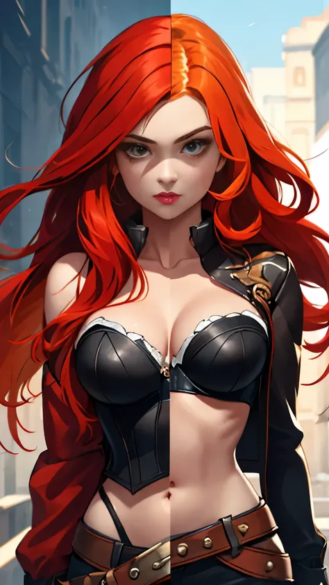 (Masterpiece, highly detailed, highly quality,  highly resolutions), beautiful, miss fortune, SplitScreen, split screen, 1girl, pants, black corset, midriff, bare shoulders, white blouse, orange hair, navel, looking at the viewer. Katarina, SplitScreen, sp...