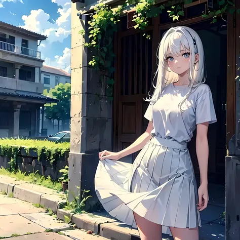 Teenage girl, plain white shirt, white hair down to hips, gray eyes, feminine figure, white skirt, pale skin, serious face, stands straight, looking straight into the camera