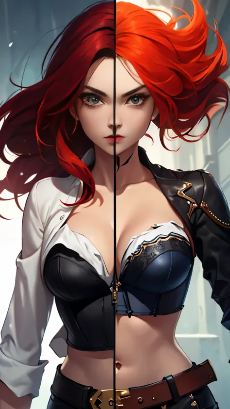 (Masterpiece, highly detailed, highly quality,  highly resolutions), beautiful, miss fortune, SplitScreen, split screen, 1girl, pants, black corset, midriff, bare shoulders, white blouse, orange hair, navel, looking at the viewer. Katarina, SplitScreen, sp...