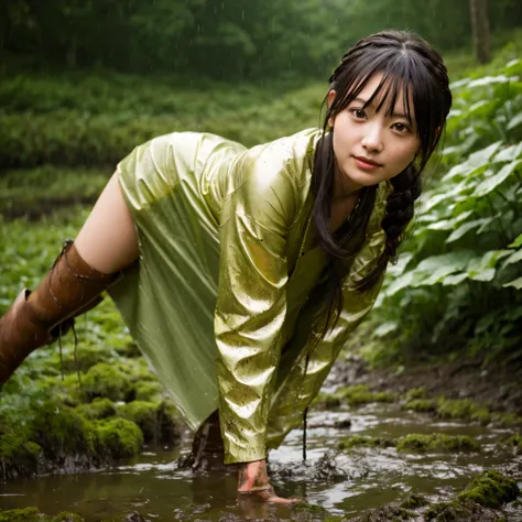 highly detailed, ultra realistic, high definition, 8k, 1 young japanese cute girl, wearing kimano, wet dress, rains, standing in a mud, farming, forest, highly detailed body, highly detailed face, highly detailed background