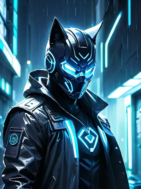 foto, (retrato), hombre gato, super hero, in ciberpunk mask, neon saber, encima de un edificio, ciberpunk, cinematic lighting, apoyado contra una pared, chaqueta luminosa, Lluvia, (aesthetics),  neon, profesional, 4k, Muy detallado, Movie, Electric storm, ...