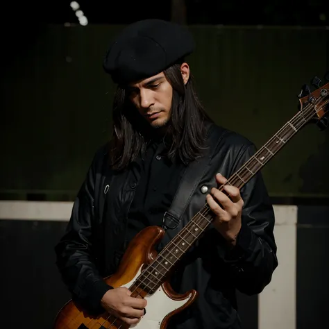 A bass player with his face hidden by the shadow of a black beret on a rainy afternoon at ver-o-peso in Belém do Pará